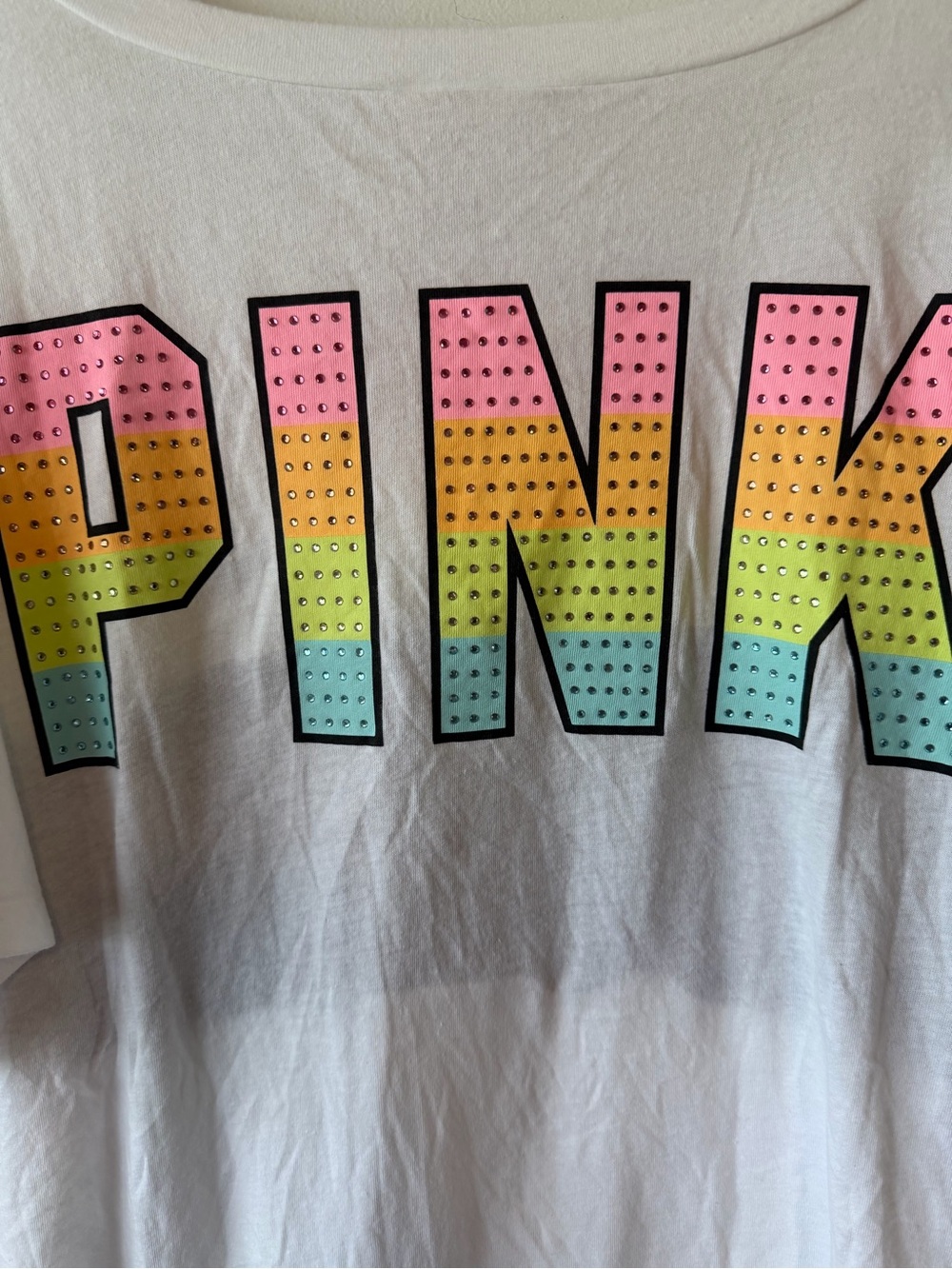 PINK Victoria’s Secret White Rainbow Rhinestone Bling V Neck XL - Picture 3 of 6